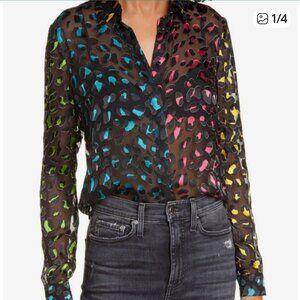 Alice + Olivia burnout multicolor leopard sheer blouse size XS